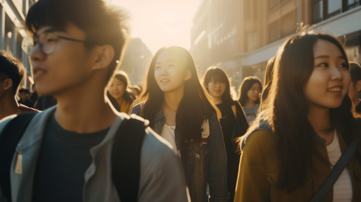 A gathering of Korean youth, people in their 20s and 30s, around 10 in total, walking together hand in hand towards the lens, sunlight casting a glow on their faces, creating a vivid, cinematic visual, taken with a cinema camera, real photograph capturing intricate details, all individuals appear joyful and full of energy as they stride forward --ar 16:9 --v 5.0