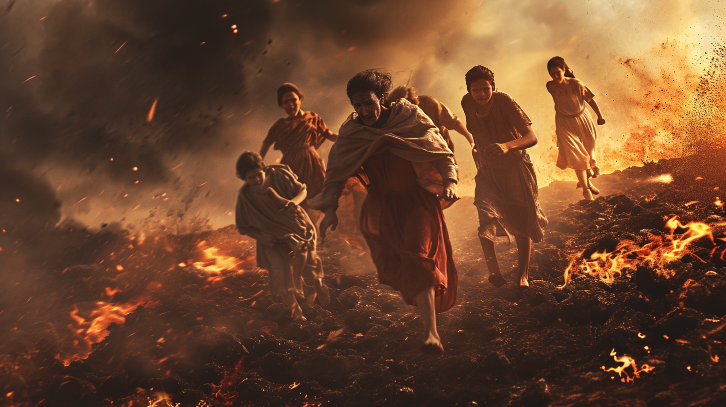 Lot's family, show faces, five in number, with looks of sheer terror and urgency, in hurried escape from Sodom, the village ablaze and under a barrage of sulfur fire, still falling from the sky, in a hyper-realistic style, using advanced digital rendering to mimic lifelike photography, --ar 16:9 --v 6.0 --s 50 --style raw