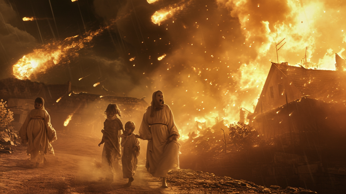 Lot's family, five in number, with looks of sheer terror and urgency, in hurried escape from Sodom, the village ablaze and under a barrage of sulfur fire, still falling from the sky, in a hyper-realistic style, using advanced digital rendering to mimic lifelike photography, --ar 16:9 --v 6.0 --s 50 --style raw
