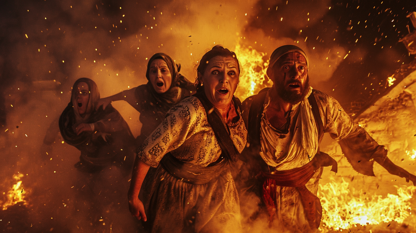 Lot's family in the village of Sodom, five people with expressions of urgency and terror, visibly rushing out, Sodom burning with sulfur fire falling from the sky, continuous fall of sulfur fire, resembling a real photo, in a high-resolution digital photography style, using techniques mimicking a professional DSLR camera, --ar 16:9 --v 6.0 --s 50 --style raw