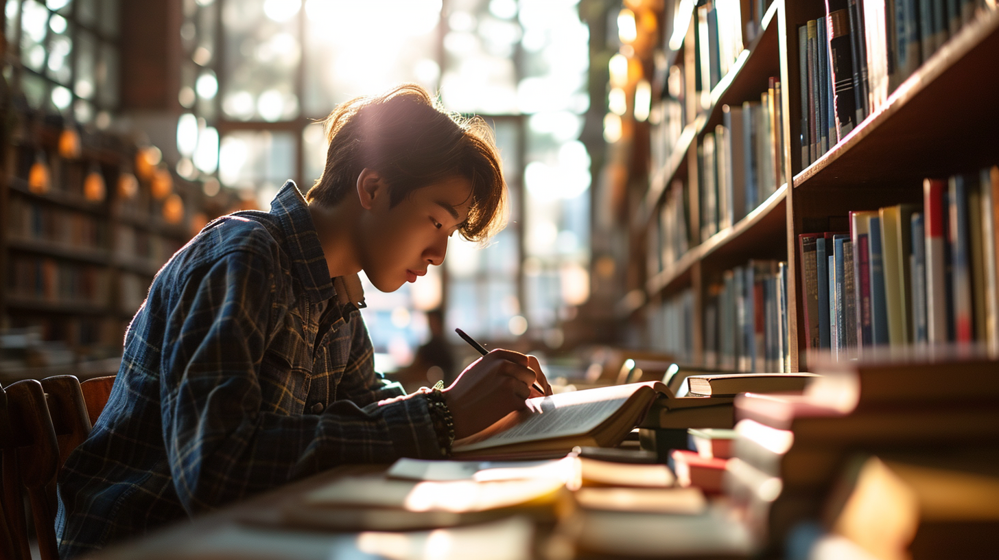 College student reading a textbook in a university library, A 20-year-old Korean male dressed in smart attire, sitting at a desk with textbooks, surrounded by bookshelves filled with books, Sunlight streaming in through the library windows, creating a serene and focused atmosphere, Scene reminiscent of a movie shot, Captured with a Sony FX6 camera, 24-70mm lens, for a highly detailed and realistic photograph, --ar 16:9 --v 6.0 --s 250