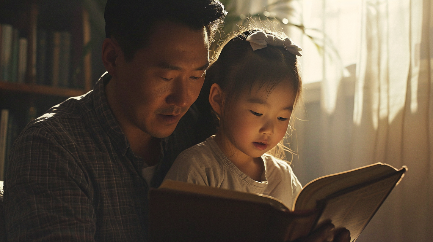 Korean father in his 40s and his 8-year-old daughter, reading the Bible together, captured with a cinema camera, in a setting of soft lighting, creating a tender and intimate moment, reflecting a bond of faith and family --ar 16:9 --v 6.0