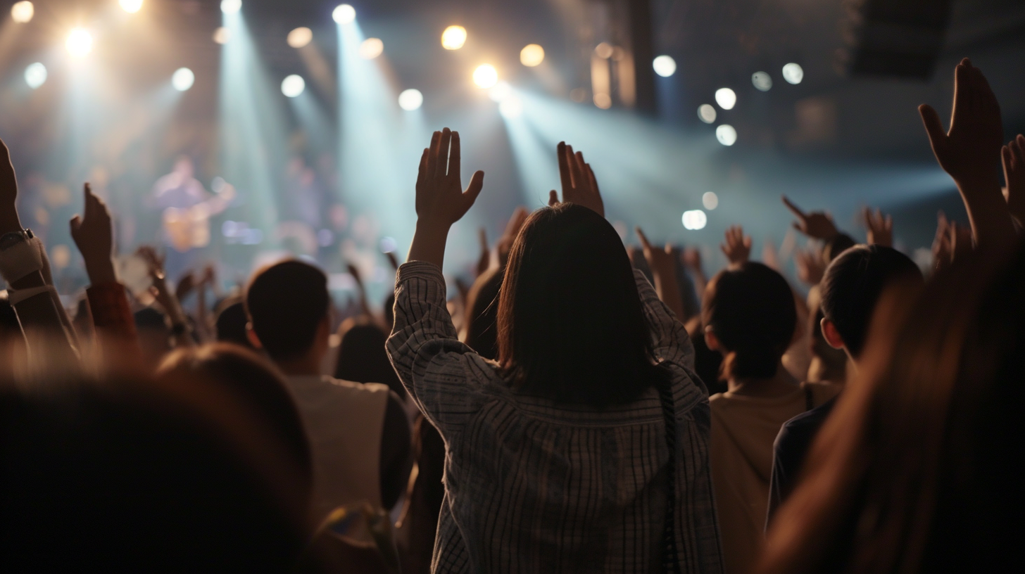 Korean congregation in their 30s and 40s at a contemporary church in 2023, engaged in heartfelt worship, raising hands in song or prayer, filmed with an FX3 Sony cinema camera, gentle lighting illuminating the worshipers' backs, capturing the depth of their faith and worship experience --ar 16:9 --v 6.0