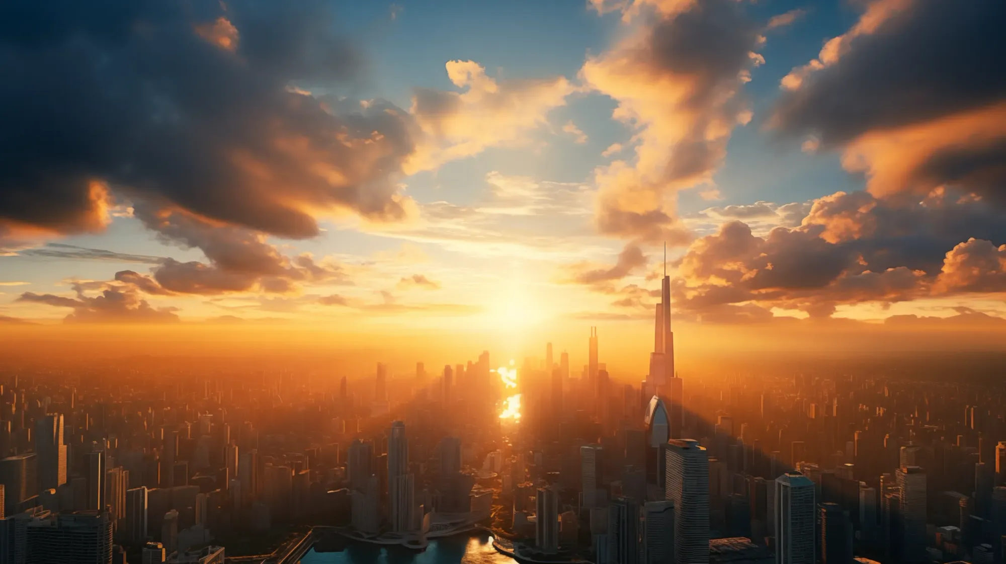 Glorious sunlight bathing the modern skyline of Seoul, 2023, Forest of skyscrapers, some reaching 100 stories, Photographed from a high vantage point downwards, Vivid clarity, Sunbeams breaking through clouds for a miraculous feel, A moment of awe, Epic cinematic quality, Captured with a Sony FX3 and wide-angle lens, Lens flares adding a movie-like quality, Glass buildings reflecting the bustling city, Cars visible on the streets, Emphasizing the urban layout, --ar 16:9 --s 250