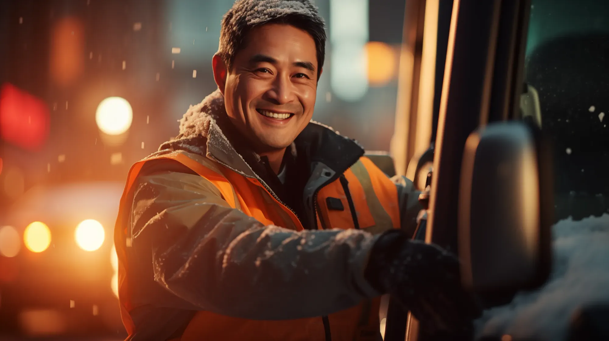 Korean man in his 40s, cleaning the streets of a Korean city center early at dawn, Dressed in cleaning attire, working behind a cleaning vehicle, Early morning ambiance, Cinematic atmosphere, Smiling and waving at the camera, --ar 16:9 --s 250