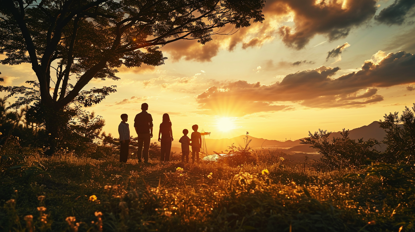 Korean family admiring a spectacular sunset, creating a scene reminiscent of a movie, real photo capturing an important moment in life, reflecting the family's gratitude as they reflect on the year, conveying a sense of warmth and togetherness in the face of nature's beauty --ar 16:9 --v 6.0