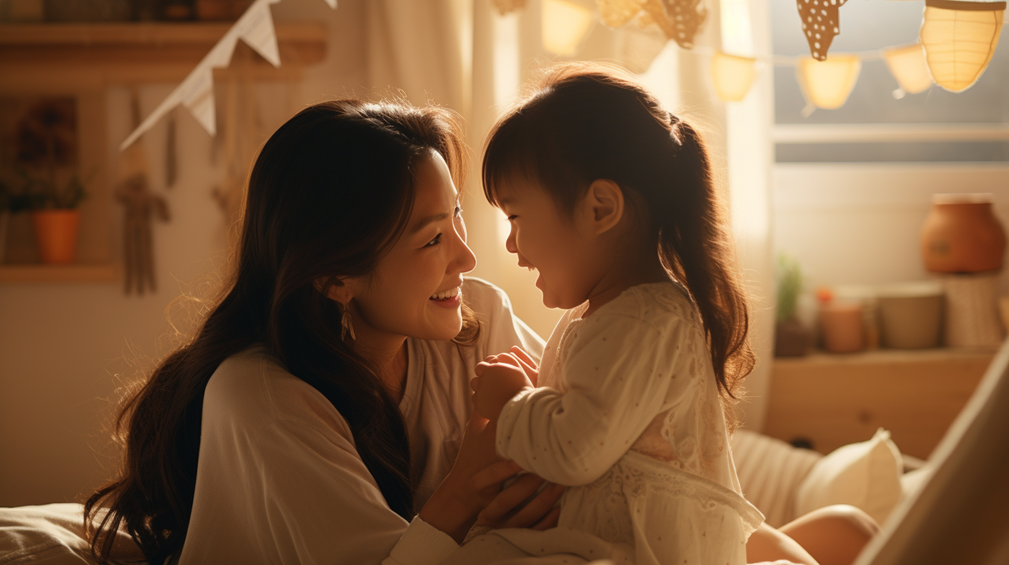 Mid-30s Korean mom embracing her 2-year-old daughter, In a snug, well-lit baby room, Mutual adoration in their gaze, Soft lighting for a comforting feel, Scene shot like a movie, Cinema camera capturing intricate room details, Faces showing deep love, White-toned nursery with various children's toys, --ar 16:9 --s 250