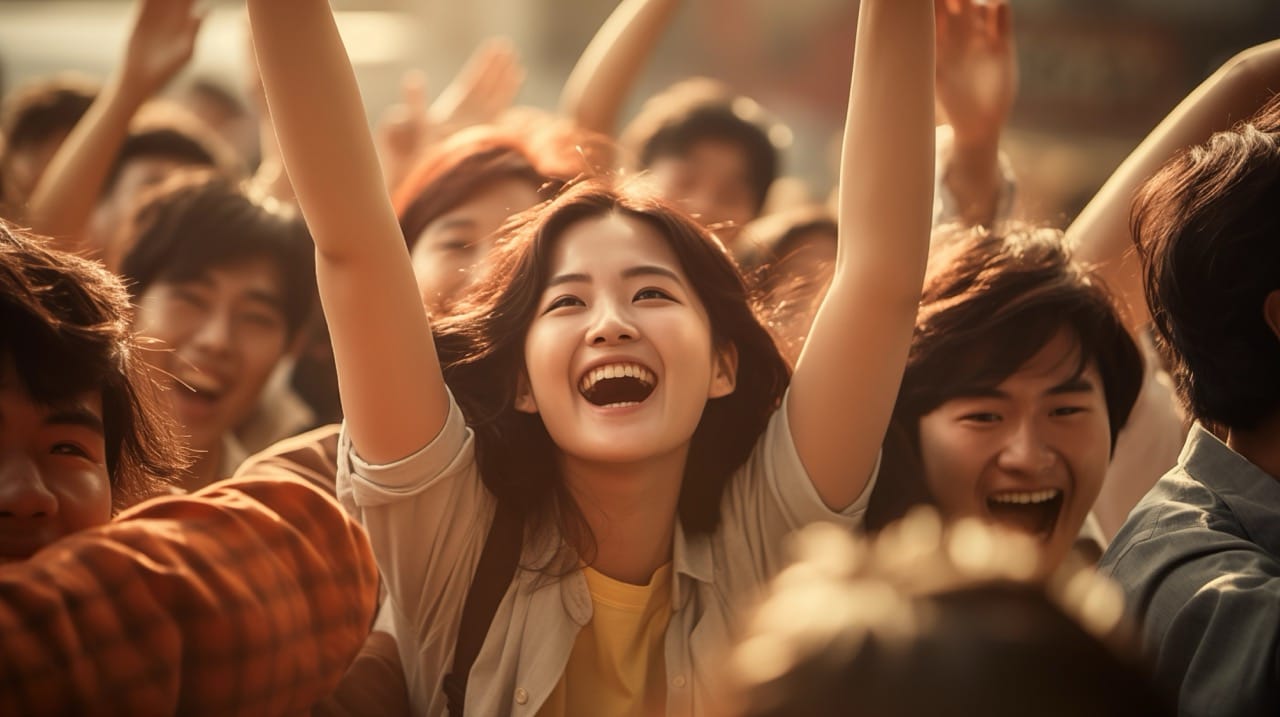Korean adults, in their twenties and thirties, a group of about 5, interlocking hands, moving forward towards the camera, sun illuminating their cheerful expressions, bright and cinematic-style imagery, filmed with a cinema camera, detailed and authentic photo, showcasing their joy and lively movement --ar 16:9