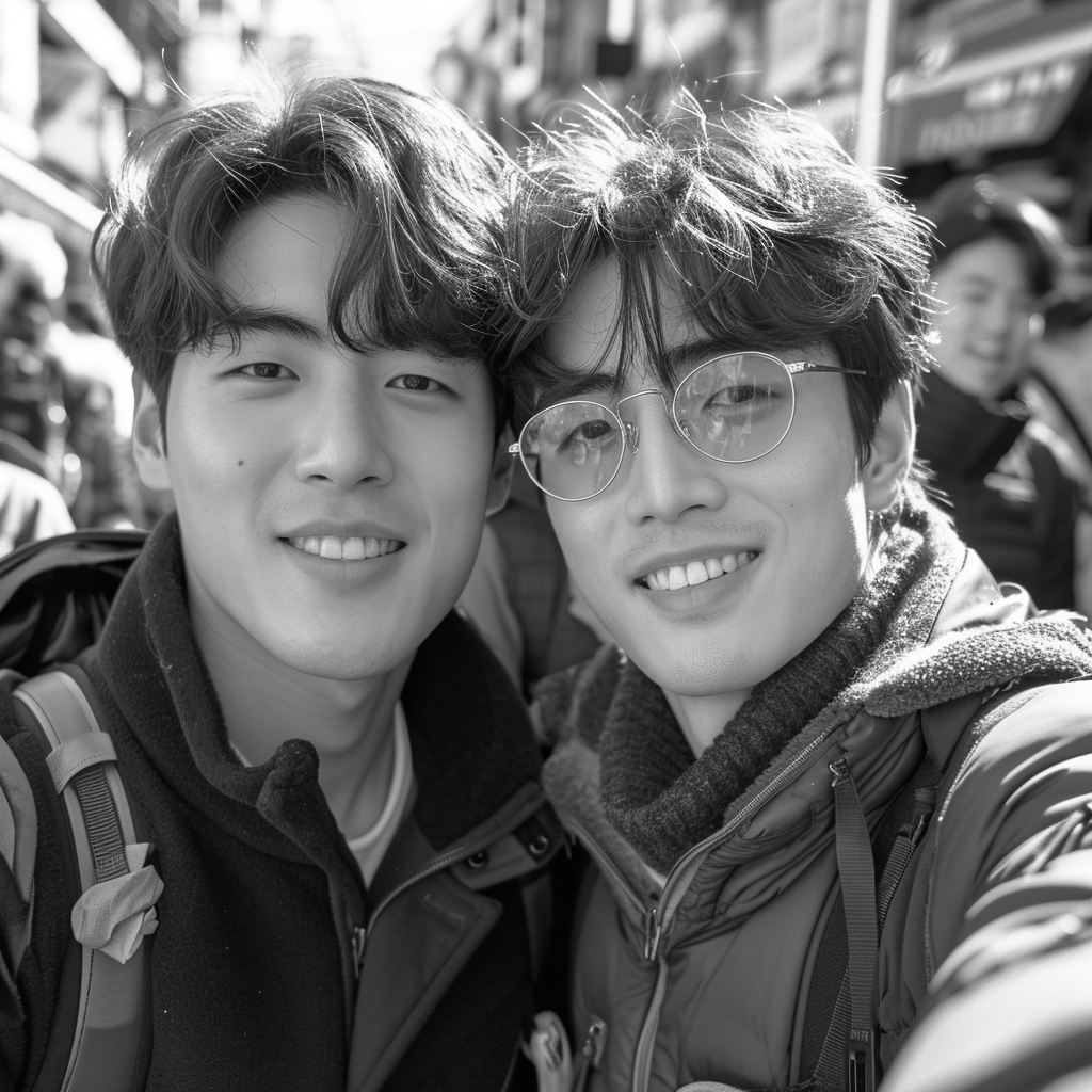 Two Korean young men and one woman in their 20s, selfie, radiant smiles, 'Anthropomorphic joy', Photo type: close-up, Lighting: natural daylight, Camera: Canon EOS R5, Angle: arm's length selfie angle, Shutter speed: 1/200 second, Depth of field: shallow, Lens: 24mm, Aperture: f/2.8, Lens Length: 24mm, f-stop: f/2.8, Lighting conditions: bright outdoor light, Ilford film stock --ar 1:1 --v 6.0 --style raw --s 750