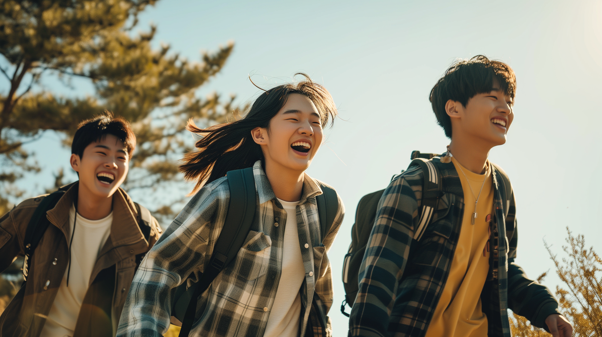 Three Korean youths in their 20s, two males and one female, dressed in 2020-style university fashion, running joyfully under a clear sky, wind blowing their hair, faces bright and refreshed, a scene reminiscent of a movie, captured in sharp, dynamic quality with detailed expressions, laughing and looking at each other while running, happy faces, cinematic atmosphere, shot with a Sony FX3 camera --ar 16:9 --v 6.0