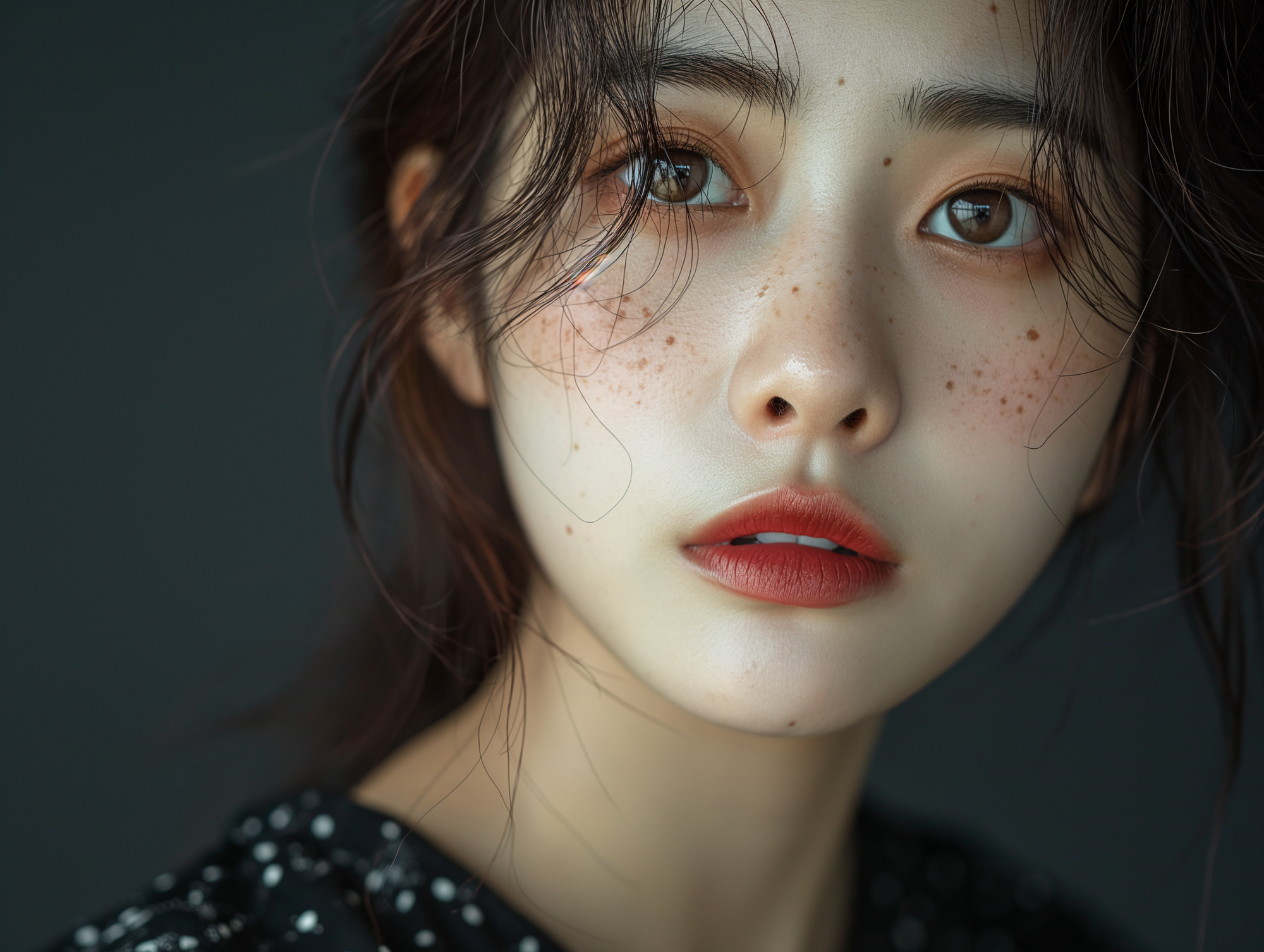 Photorealistic half-body of korean women model, at the photo studio, with camera flash, sony A7s, 12mm lense, f5.2 --ar 4:3 --v 6.0 --style raw