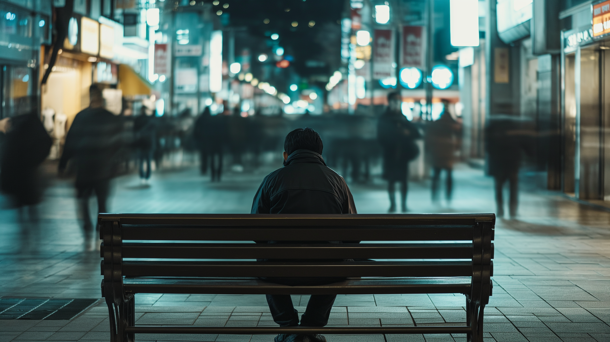 Solo Korean male on a bench amidst the bustling urban environment, Reflecting on an unsuccessful interview, head down, Surrounding individuals in a blur of motion due to slow shutter speed, Capturing a sense of being overlooked and ignored, Cinematic atmosphere, --ar 16:9 --v 6.0