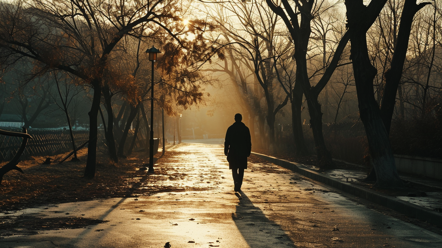 A Korean man walking by himself, engulfed in a dramatic atmosphere, scene echoing a cinematic movie moment, shot in super high quality, portraying the profound solitude and emotional depth of his solitary path --ar 16:9 --v 6.0