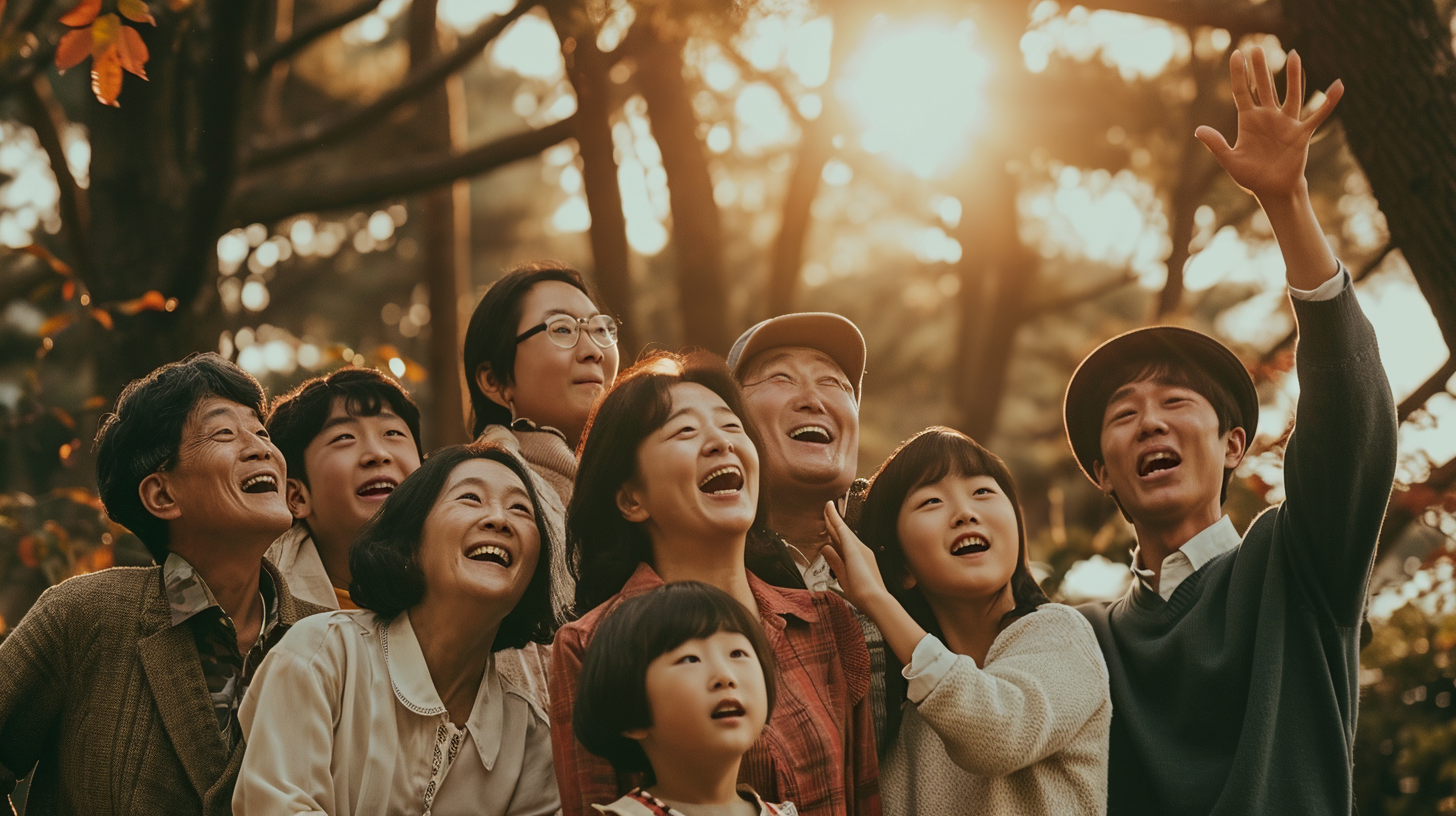Aerial drone view of a multi-generational Korean group, consisting of grandparents, uncles, aunts, students, and young children, 10 in total, gazing skyward, smiling joyously and waving, cinematic image, evoking a memorable movie moment --ar 16:9 --v 6.0