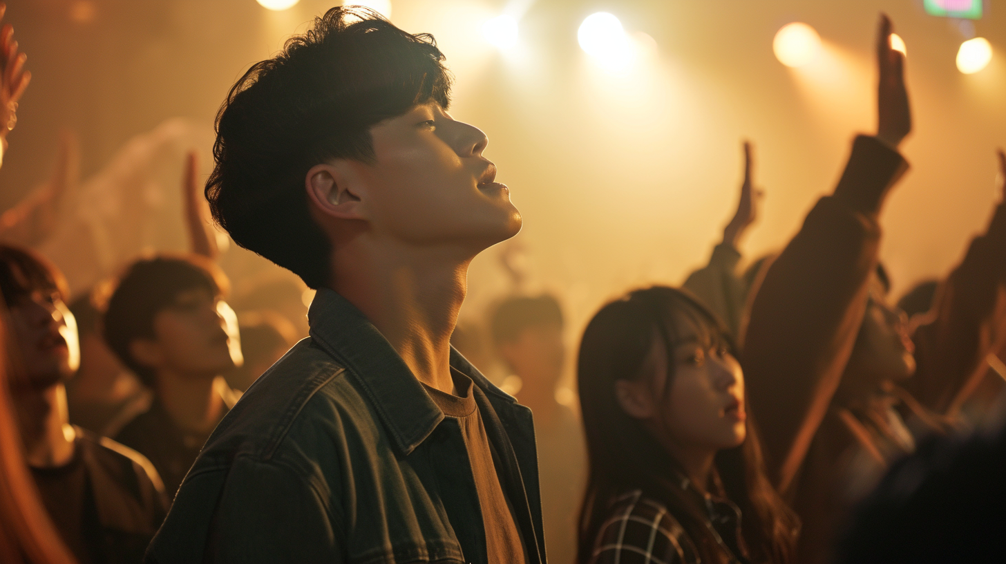 Passionate praise by Korean men and women in their 20s at a worship gathering, under beautiful lighting, scene reminiscent of a movie, captured with a cinema camera, high-quality imagery conveying the fervor and devotion of the moment --ar 16:9 --v 6.0