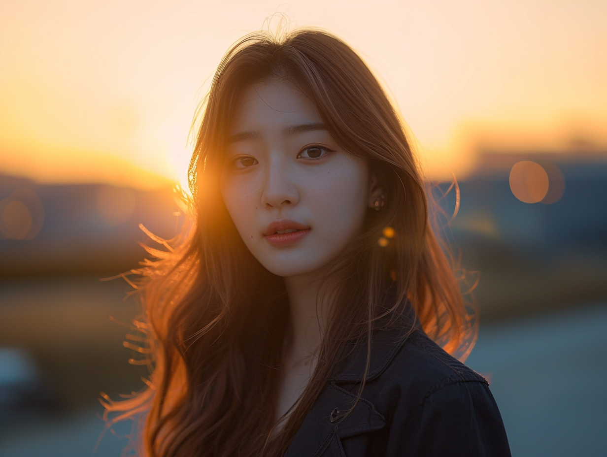 Photorealistic half-body of yong korean girl on sunset, sony A7s, 85mm lense, f1.2, blackmist filter --ar 4:3 --v 6.0 --style raw