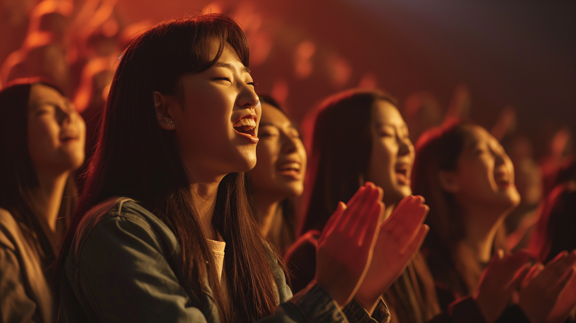Young Korean adults, both men and women in their twenties, fervently praising God in a worship meeting, bathed in stunning lighting, cinematic scene, shot with a cinema camera, capturing the intense spirituality in high quality --ar 16:9 --v 6.0