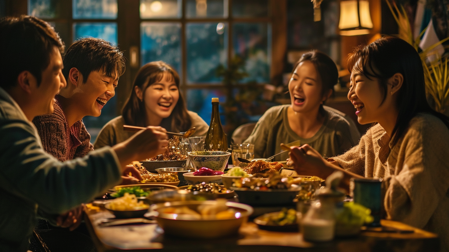 Gathering of young Korean couples from a church community, engaging in lively conversation at a dining table filled with tasty dishes, friendly and warm mood, scene illuminated by gentle lighting, shot using a cinema camera, real-life photograph capturing the fine details, highlighting the joy of fellowship and communal dining --ar 16:9 --v 6.0 -