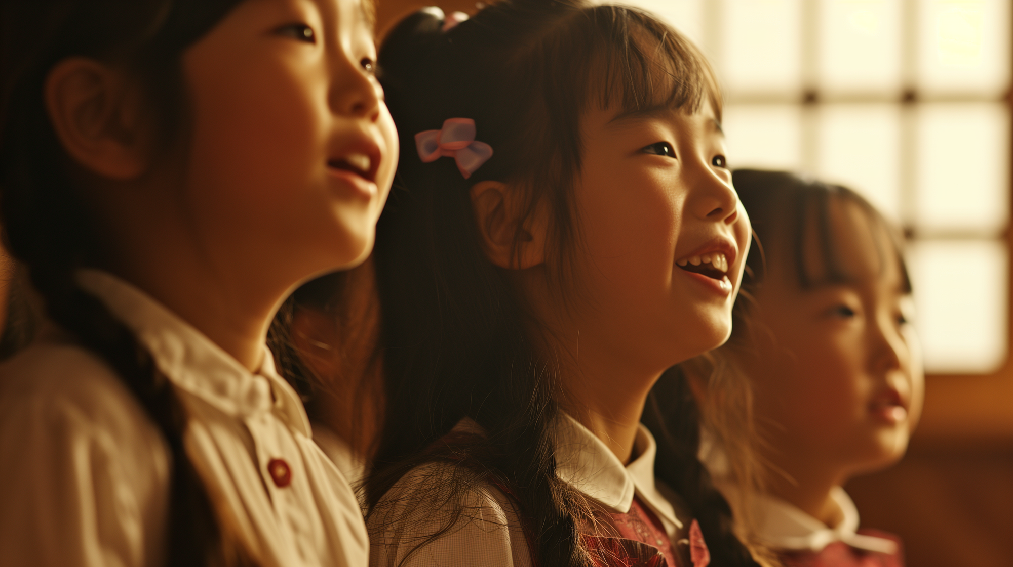 Korean kids engaged in spirited praise, filmed using a cinema camera, real-life photograph, bathed in gentle, soft lighting, emphasizing their zeal and joyful expressions in a dynamic, cinematic context --ar 16:9 --v 6.0