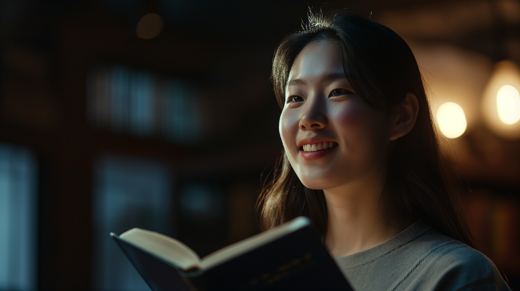 20-something Korean woman, cradling a Bible, directing a happy smile at the camera, dramatic yet gentle lighting, filmed with a cinema camera, showcasing her beautiful, beaming smile in a calm and heartfelt manner --ar 16:9 --v 6.0