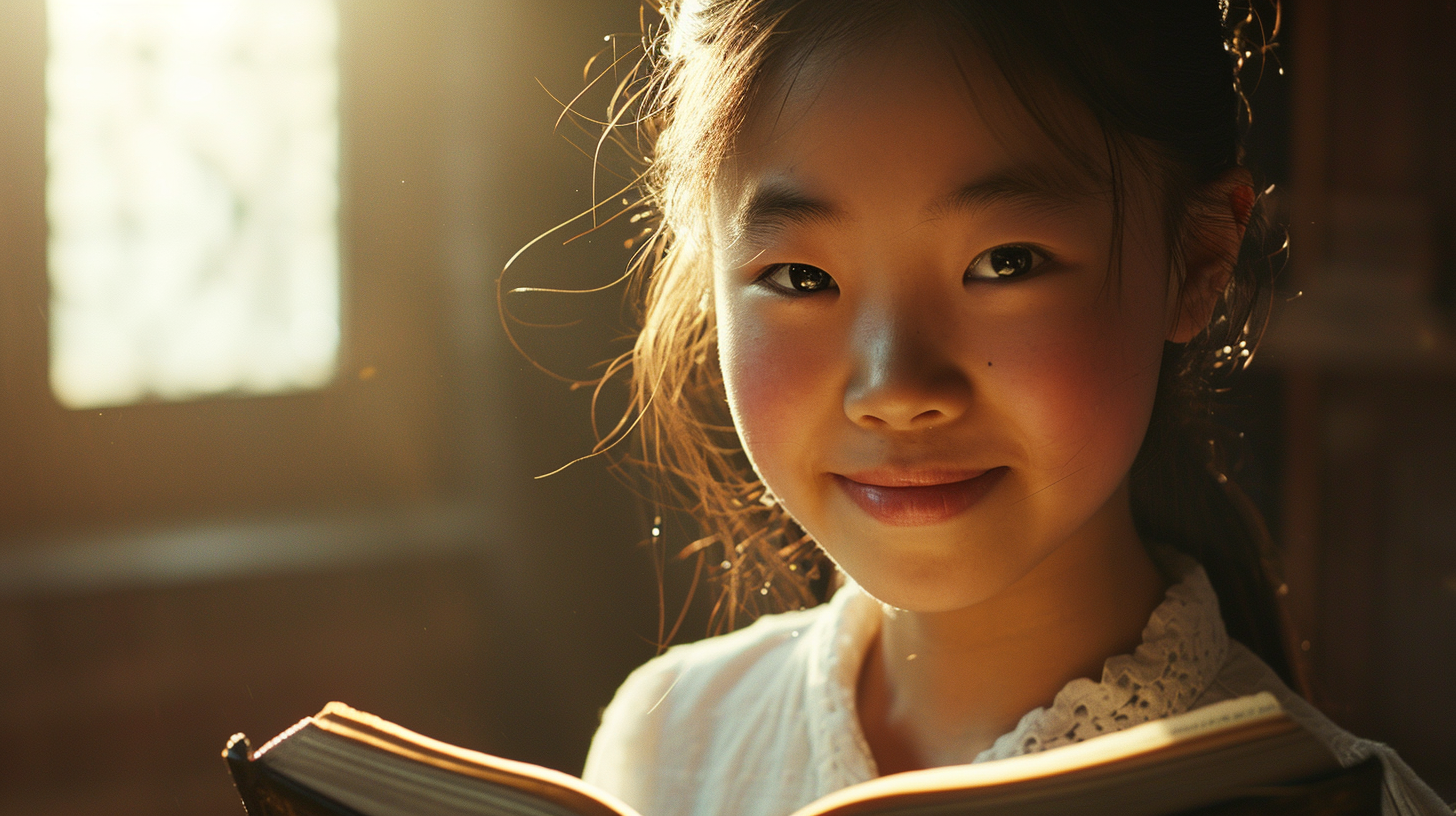 Young Korean female, embracing a Bible, gazing into the camera with a joyful smile, captured with dramatic and soft lighting using a cinema camera, emphasizing her radiant and beautiful smile, evoking a sense of peace and happiness --ar 16:9 --v 6.0