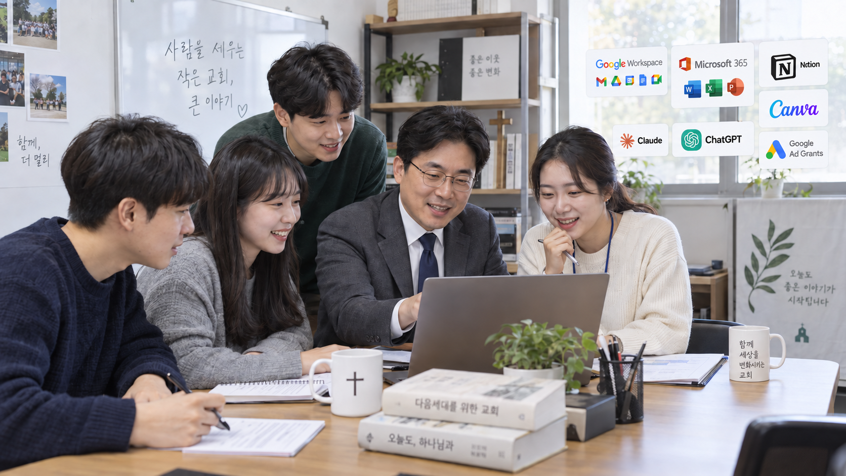 한국 목회자와 전도사와 청년들이 여러 업무 서비스를 함께 사용하는 모습