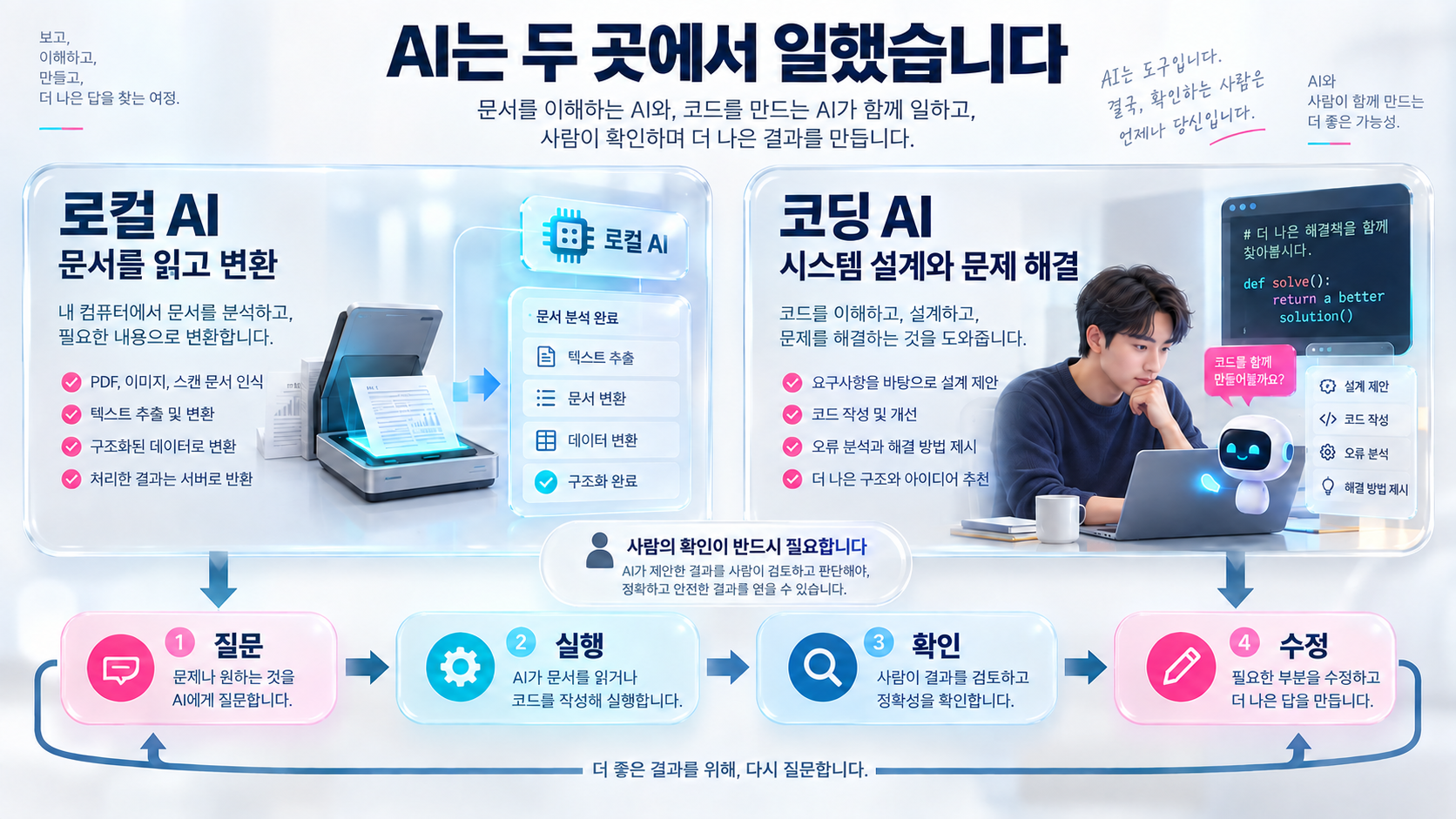 문서를 변환하는 로컬 AI와 시스템 개발을 돕는 코딩 AI의 역할 비교 및 질문·실행·확인·수정 순환